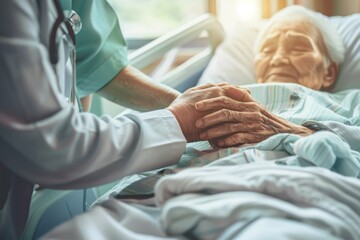Obraz premium Doctor Offering Comfort and Presence by Holding Hands with Elderly Patient on Hospital Bed, Symbolizing Compassion and Support.