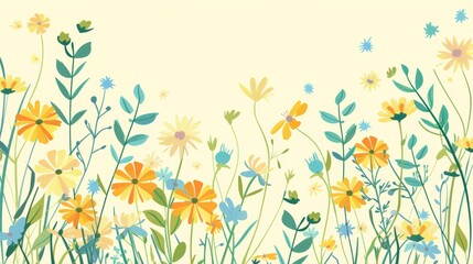Fototapeta na wymiar Colorful flowers on a light yellow background - yellow and green tones - card background - spring design elements 