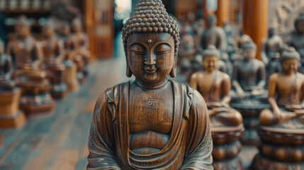 A buddha statue of a face with a serene expression. The face is made of metal and has a lot of detail - obrazy, fototapety, plakaty