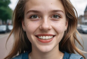 AI-generated illustration of A smiling woman on the street