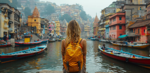 Woman traveler with backpack in city, River and Long tail boat view