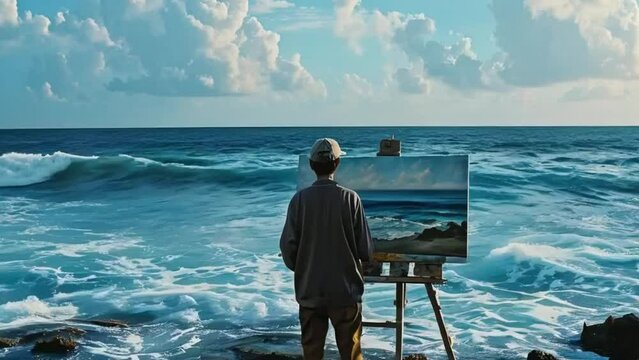 cinematic wide shot of, a scene of a painter facing the sea, painting in a picture, a portrait of the sea, with sea water.