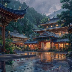 AI-generated illustration of Asian-style temples after the rain - obrazy, fototapety, plakaty