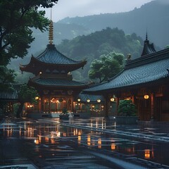 AI-generated illustration of an Asian Temple and after the rain