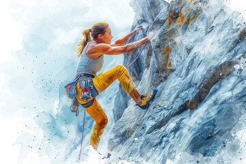 Yellow watercolor painting of female professional rock climber, practice - obrazy, fototapety, plakaty