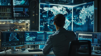 Fototapeta premium Cyber Security Programming - Expert Coding at Work - Global Network Protection - Programmers