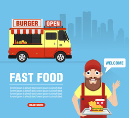 Burger on wheels. Fast food design flat style