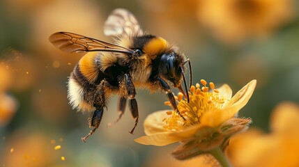 Dramatic Cinematic Portrait of a Bumblebee in Flight with Motion Blur Wings Against a Static Flower, Illuminated by Dramatic Lighting in High-Speed Shot, Emphasizing the Graceful Flight of Nature.