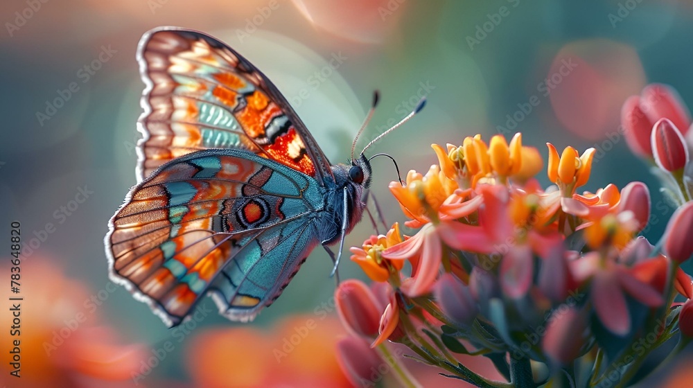 Wall mural AI generated illustration of a vibrant butterfly on a flower against a pink and yellow backdrop