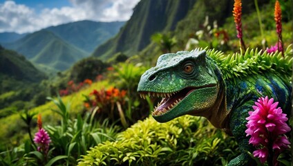 Dinosaur surrounded by grass and flowers, AI-generated. - obrazy, fototapety, plakaty
