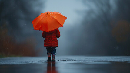 雨の日に傘をさして歩く子供 - obrazy, fototapety, plakaty
