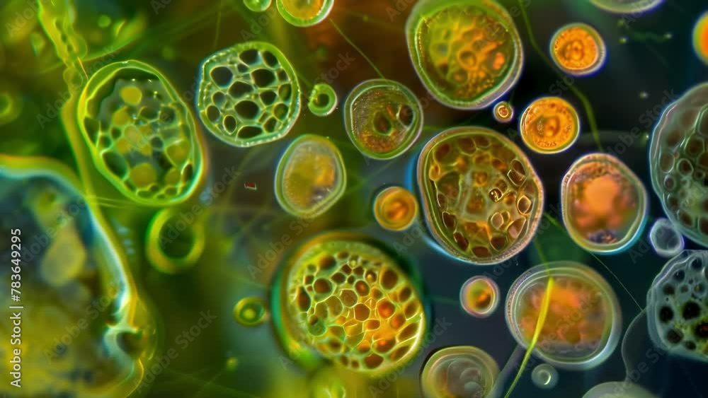 Poster a colorful and abstract image of an algal bloom the different shapes and sizes of the algae cells cr