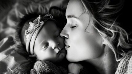 A mother's gentle kiss on her baby's forehead, a moment of pure bliss and a symbol of lifelong protection.