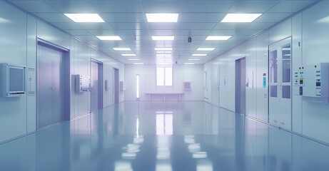 Fototapeta premium A futuristic, sterile environment within a bright hospital corridor featuring modern design elements and polished floors during daytime illumination