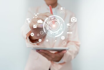 Business Woman Touching Digital Data On Holographic Screen Interface.