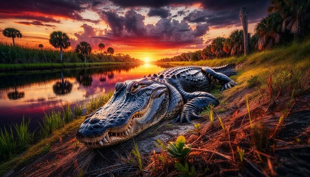 AI generated illustration of a big alligator basking on a riverbank during sunset