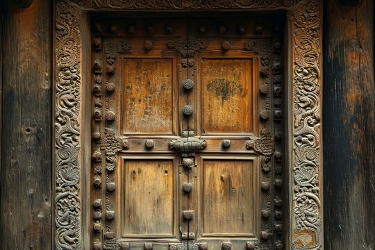 Grand Ancient wooden door with old decoration. Historical doorway architecture with medieval ornament. Generate ai