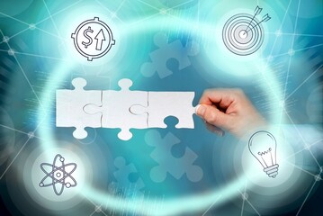 Hand Holding Jigsaw Puzzle Piece Unlocking New Futuristic Technologies.