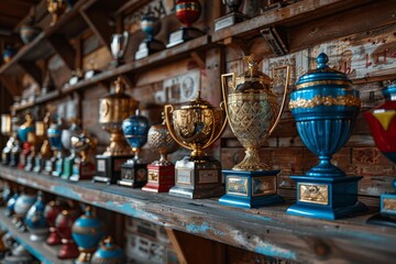 Fototapeta premium Shelf Display of Vintage Champion Trophies, Evoking Nostalgia with Soft Lighting and Space for Text, Ideal for Editorial Use.