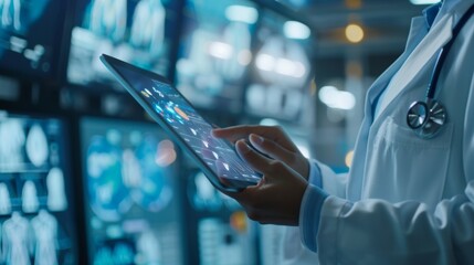 Medical Professional Using Tablet and Clipboard in Hospital Setting