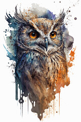 Owl Design In Watercolor Style. Wildlife Animal In Nature.