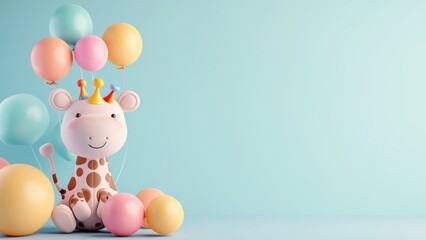 Cute balloons and toys background in blue pastel colors - obrazy, fototapety, plakaty