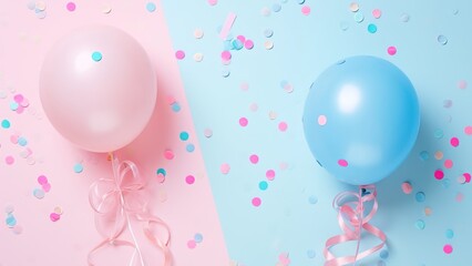 Gender reveal background with confetti and balloons