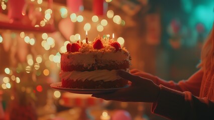 Hands holding a piece of cake on a plate with a lit up candle