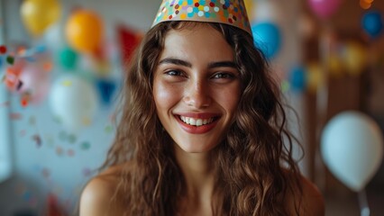 Fototapeta premium Portrait of a smiling girl in a party cone hat