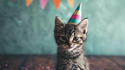 Cute tabby kitten in a party hat on a blue background