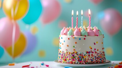 Colorful birthday cake on a festive blue background with balloons