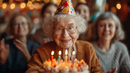 Smiling old woman in a party hat, holding a birthday cake and celebrating