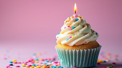 Birthday cupcake with sprinkles and a lit up candle on a pink background