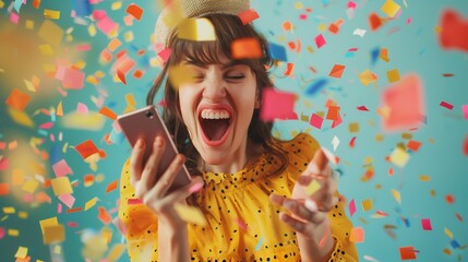Excited Woman Celebrating with Confetti and Smartphone