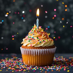 Birthday cupcake with a candle on a dark background and confetti flying around