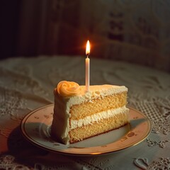 Slice of a birthday cake with a candle