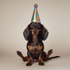 Black dachshund in a party cone hat on a beige background
