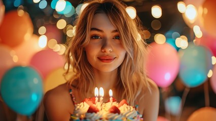 Blonde girl smiling an dholding a birthday cake with candles
