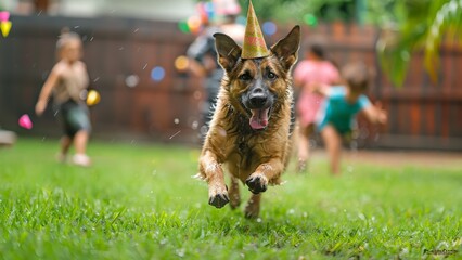 German shepherd dog in a party hat running around the yard on a rainy day