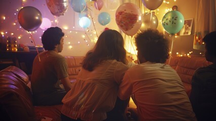 Vintage teenagers sitting on a couch at a home party with balloons around and cozy lighting