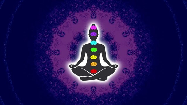 4K Loopable Video Meditating Female with Chakra symbols and Mandala Background Video