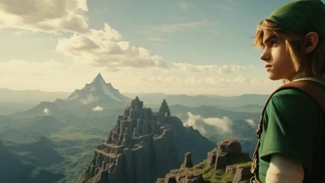 cinematic image, shot on 35mm film, close up of a teenage Link from the legend of zelda standing on a high cliff overlooking a giant kingdom of hyrule