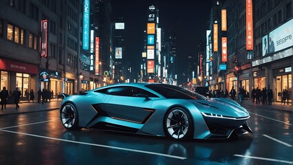 Beautiful Futuristic Car Neon City