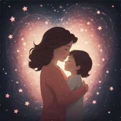 Obraz premium a woman and a child are hugging each other in the dark surrounded by the stars