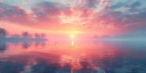 A image of a serene morning sunrise over a tranquil lake, with colorful hues reflecting on the water's surface and birds flying overheads
