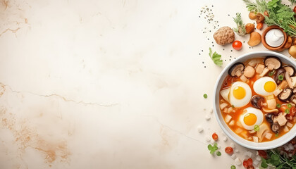 A white background with a variety of food items including eggs, mushrooms
