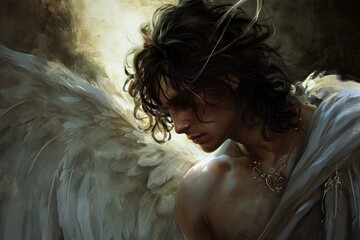 Divine Angel handsome wings. Male dream. Generate Ai - obrazy, fototapety, plakaty