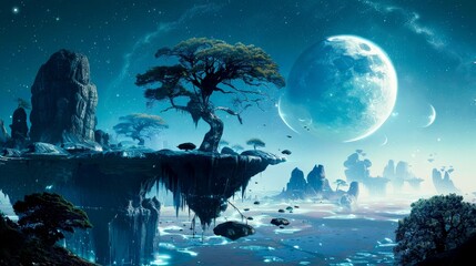 A mysterious alien landscape with floating islands and bioluminescent flora, under a dual-moon night.