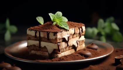A dessert with chocolate and mint on top of a white plate