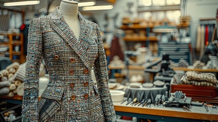 New stylish female suit on a mannequin awaits its customer in the atelier workshop. The perfect blend of sophistication and modernity. This suit is a fashion lover's dream. - obrazy, fototapety, plakaty